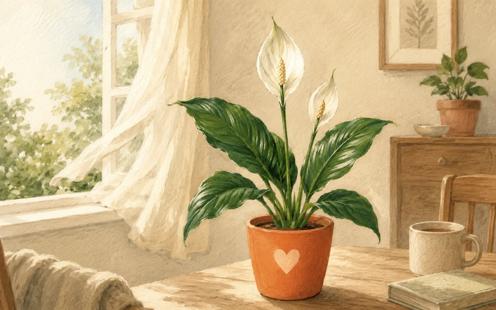 Peace lily on a desk next to an air purifier illustrating the difference between the NASA chamber study and a real home.
