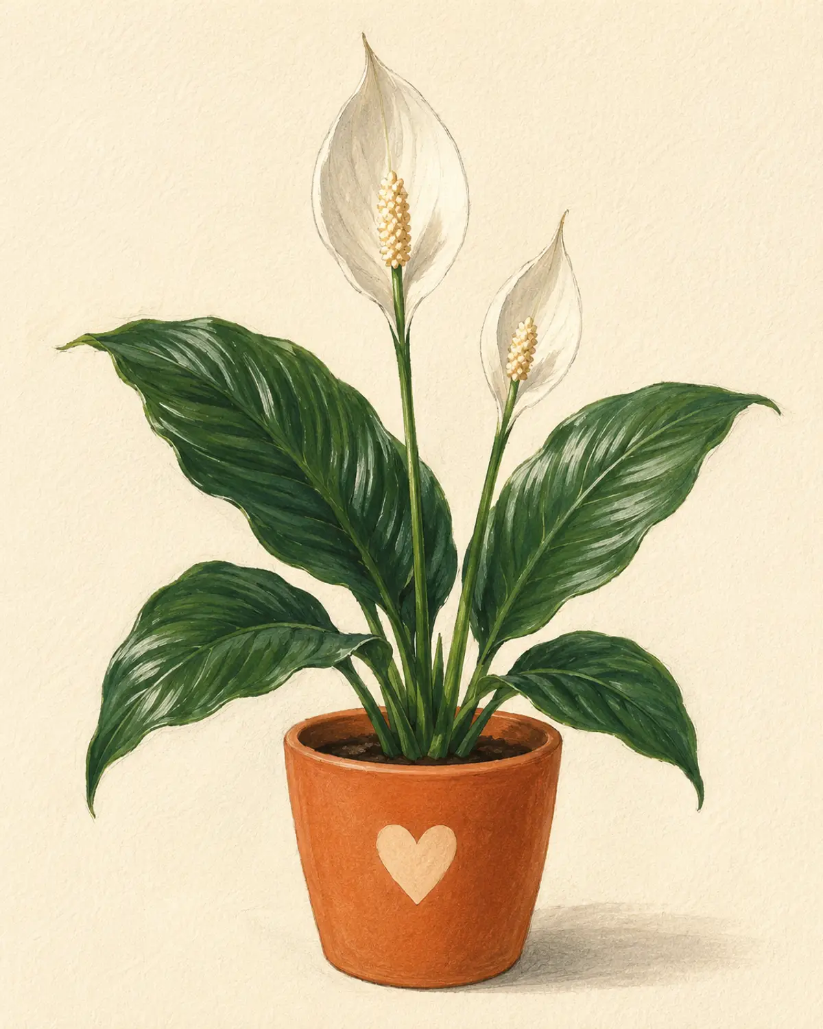 Mature peace lily Spathiphyllum plant in a clay pot showing glossy green leaves and a white spathe bloom.