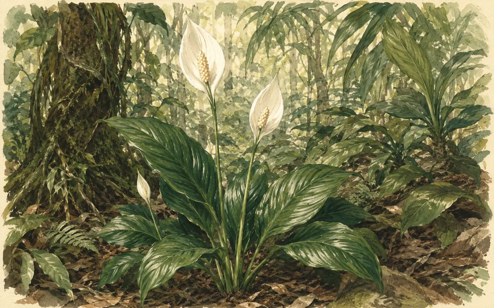Peace lily habitat-inspired shade setting with warm filtered light and moist organic soil.