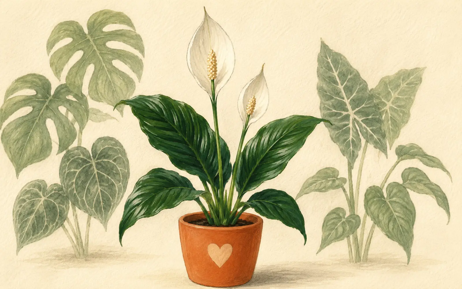 Spathiphyllum botanical diagram showing the spathe, spadix, and leaf structure that places it in the Araceae family.