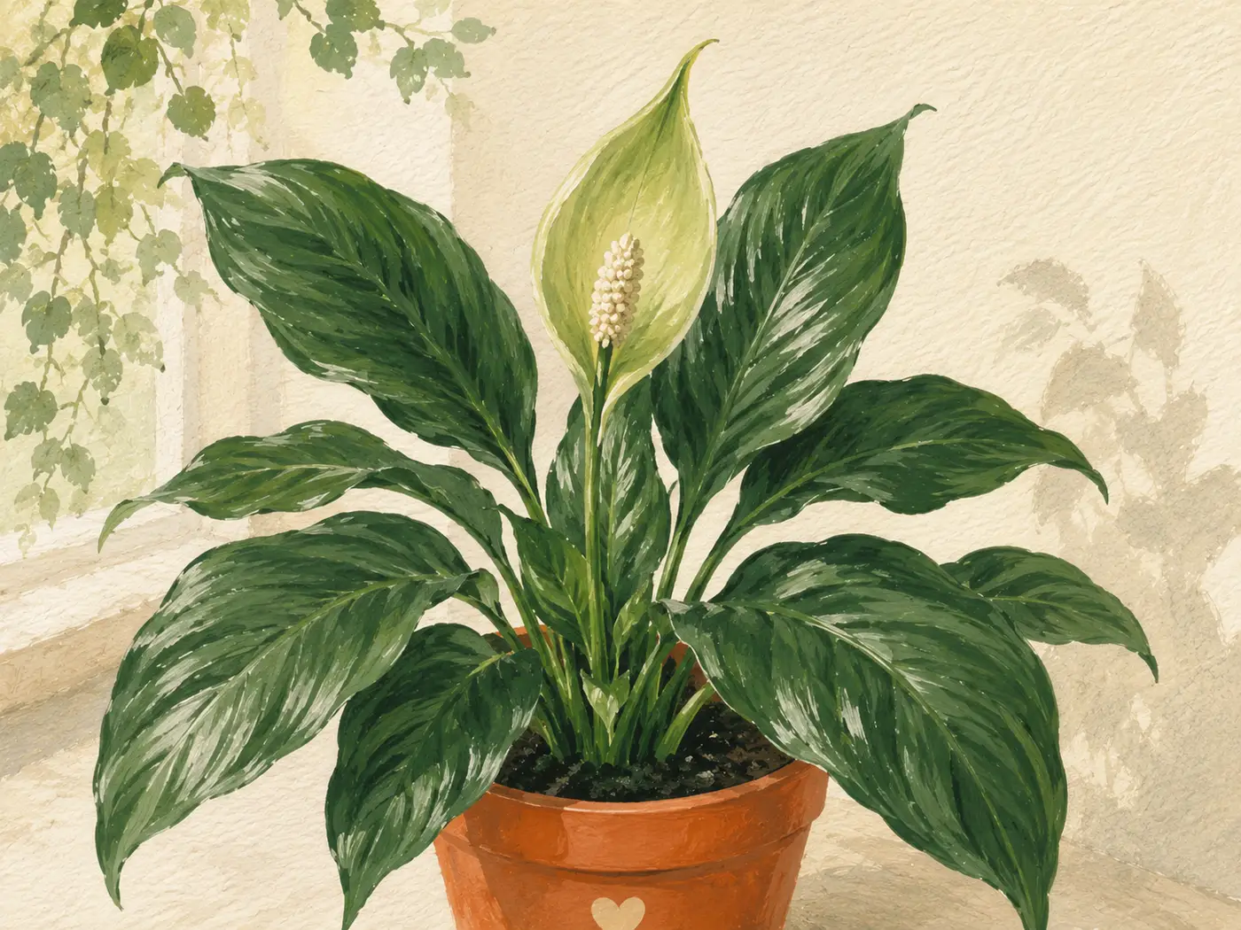 Peace lily white spathe shifting to green as the bloom ages naturally.