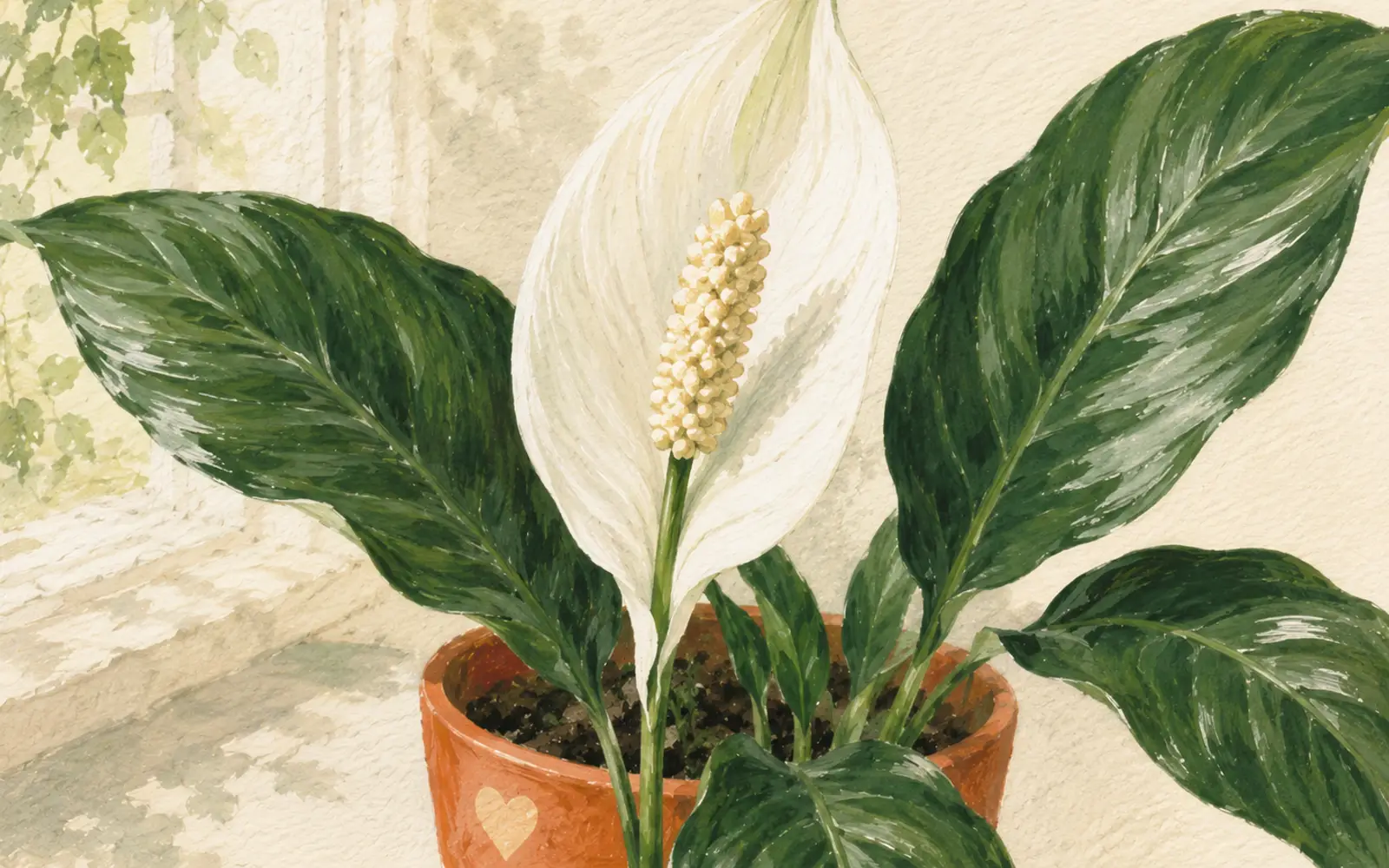 Peace lily producing fresh white spathe blooms after months of bright indirect light.
