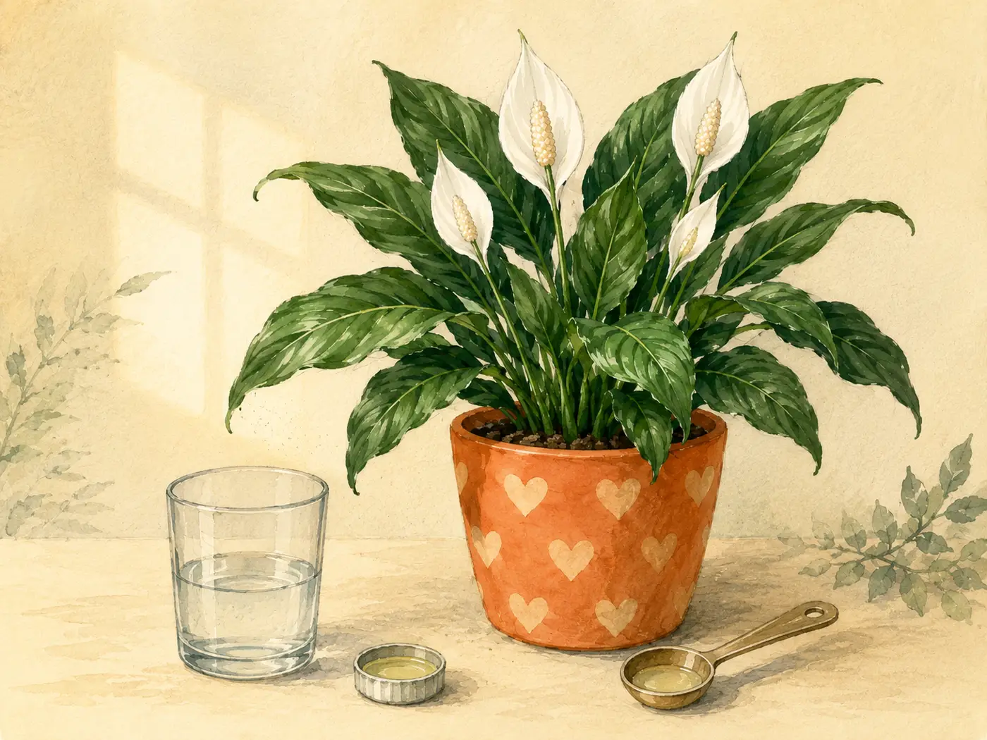 Half-strength balanced houseplant fertilizer being mixed for a peace lily during the spring growing season.