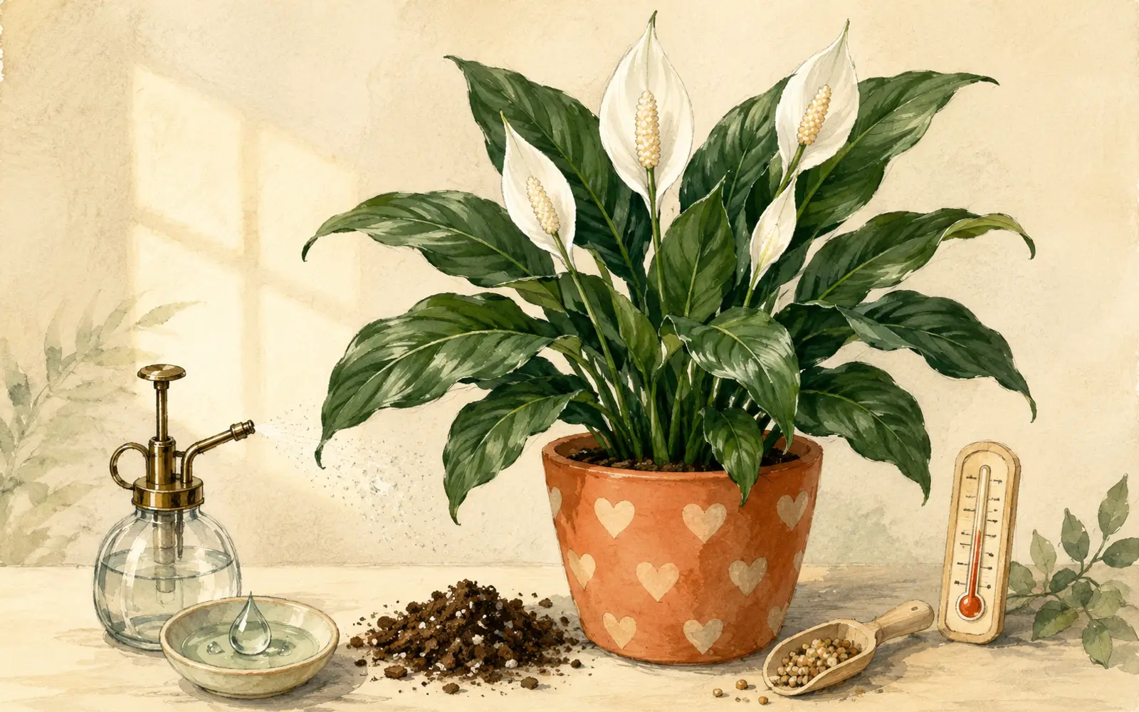 Peace lily care setup showing light, watering can, soil, humidity, temperature, and fertilizer basics.