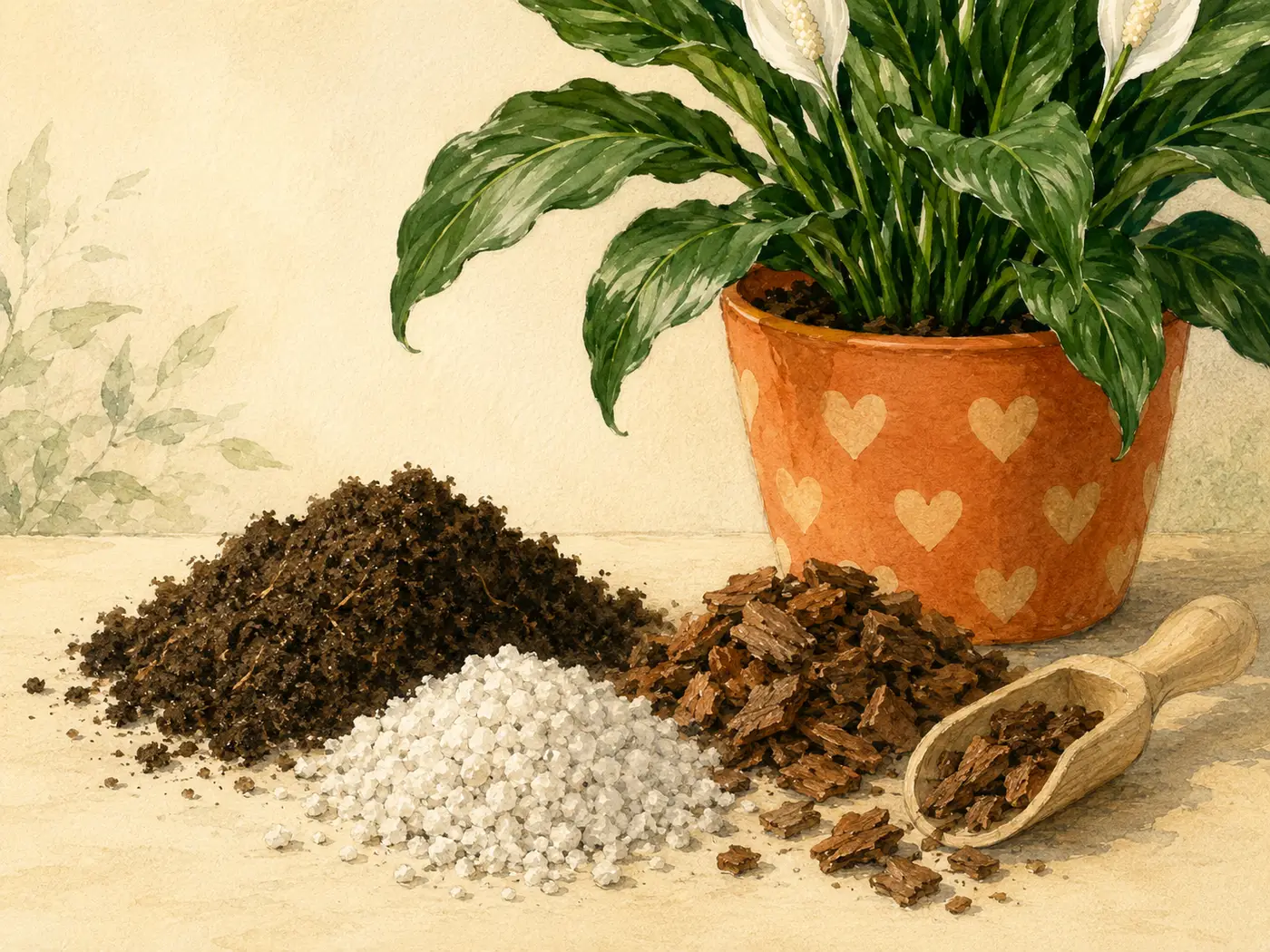 Loose peat-based potting mix amended with perlite for a peace lily, draining freely in a pot.