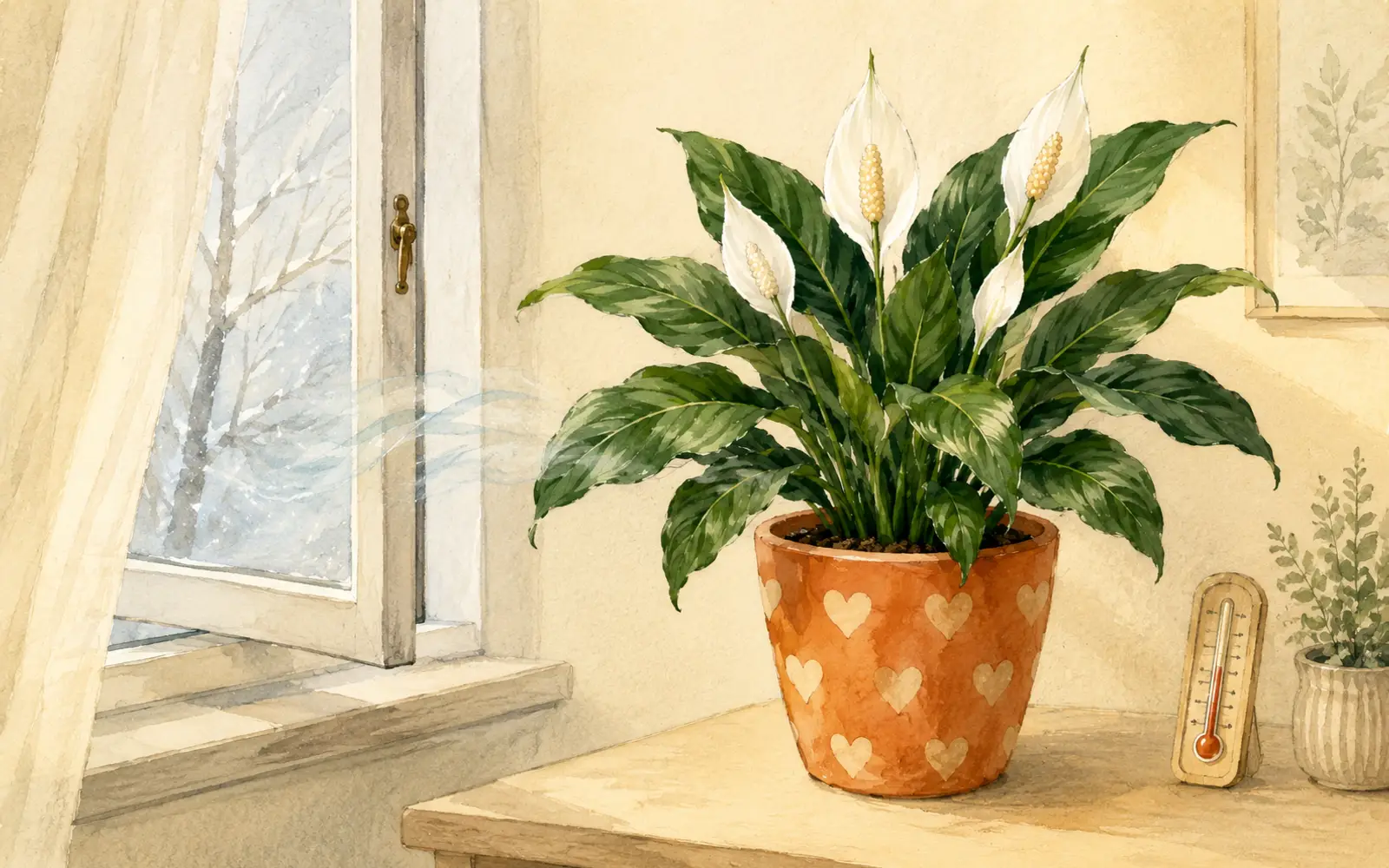 Peace lily kept warm and away from a cold drafty window during winter.