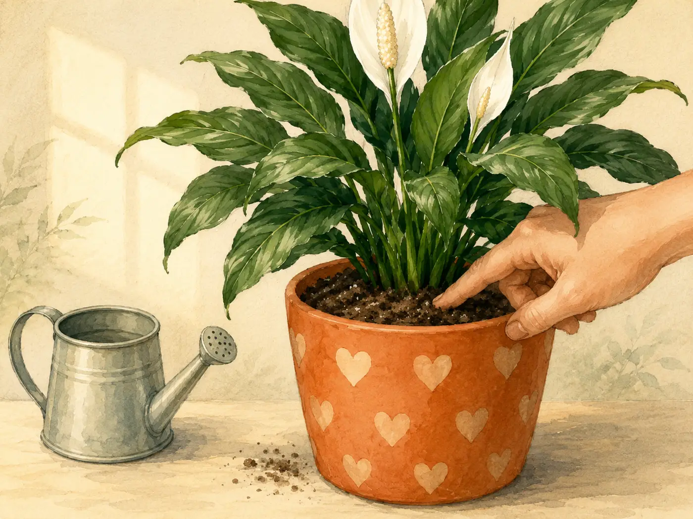 Index finger pressed one inch into peace lily soil to test for dryness before watering.