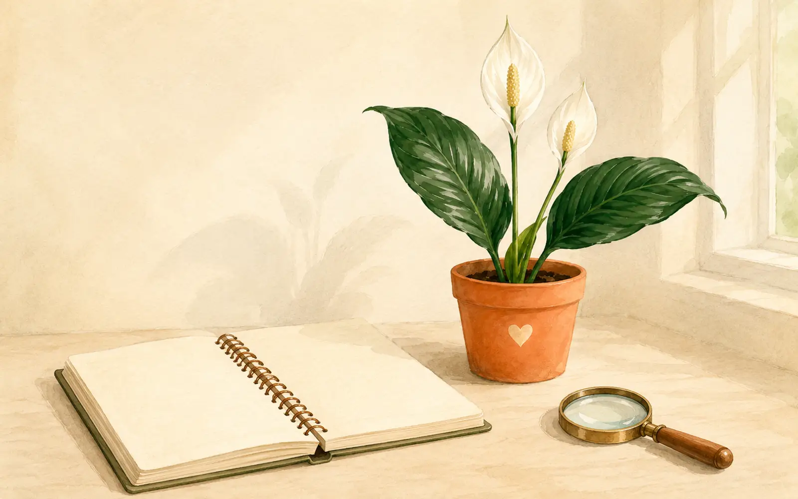 Peace lily care notes with common questions about watering, yellow leaves, blooming, pets, and repotting.