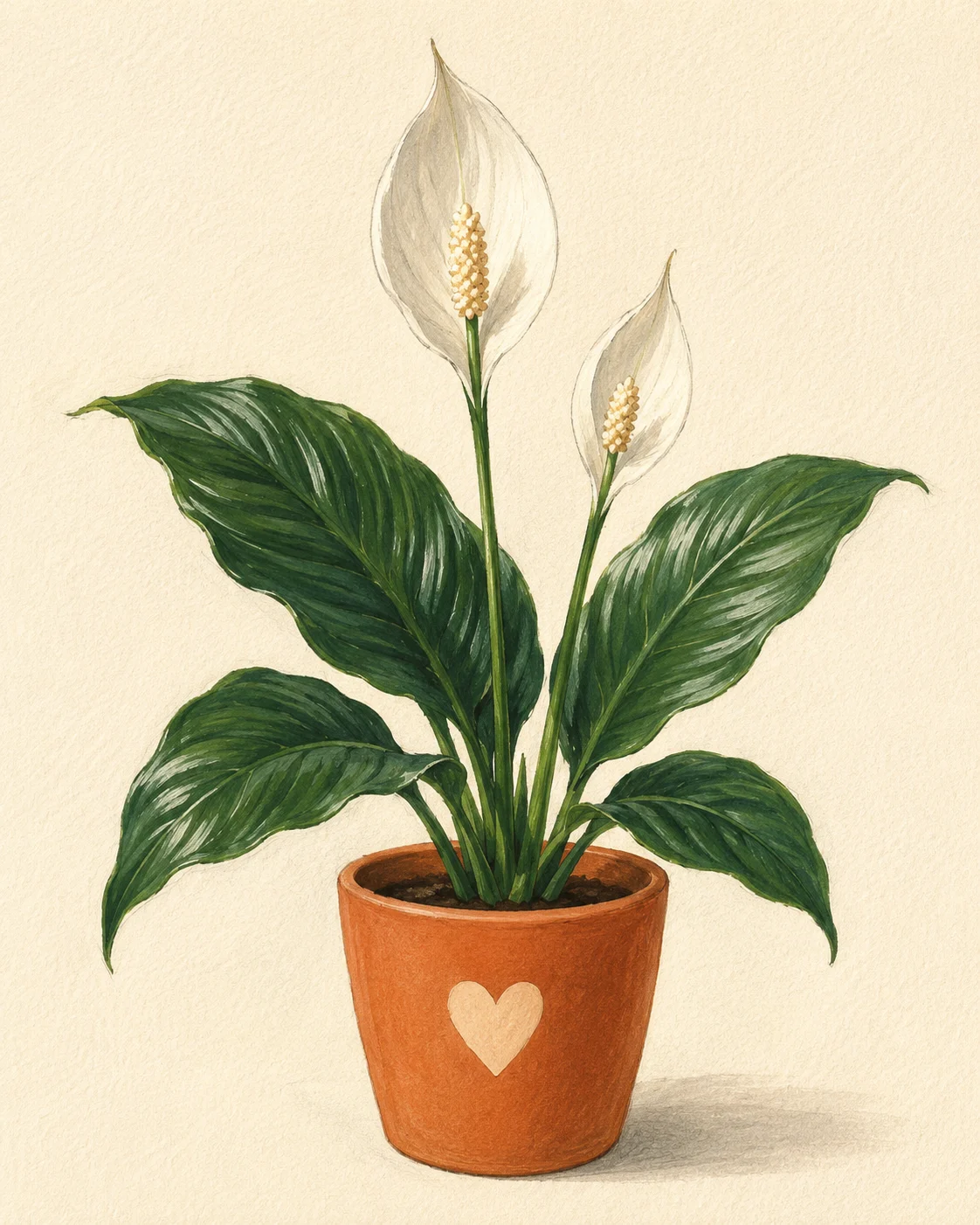 A healthy blooming peace lily in an orange pot with a cream heart.