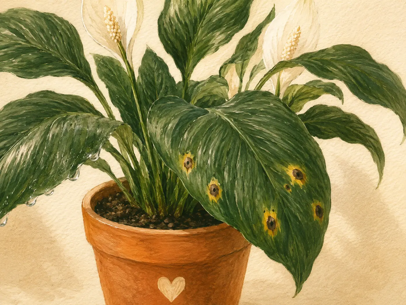 Peace lily leaf showing brown leaf-spot lesions surrounded by yellow halos from a fungal infection.