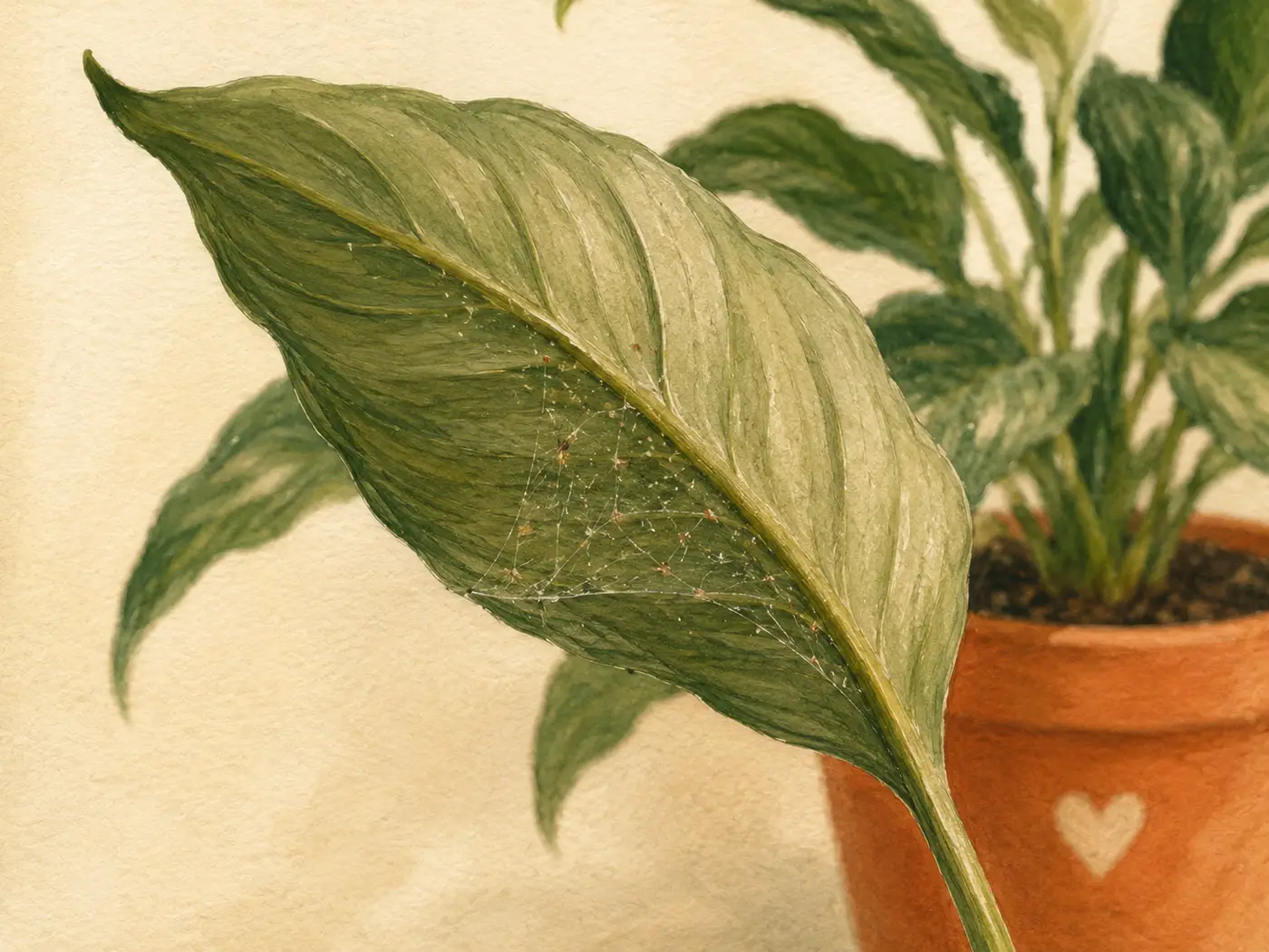 Fine spider-mite webbing on the underside of a peace lily leaf with stippled yellow damage.