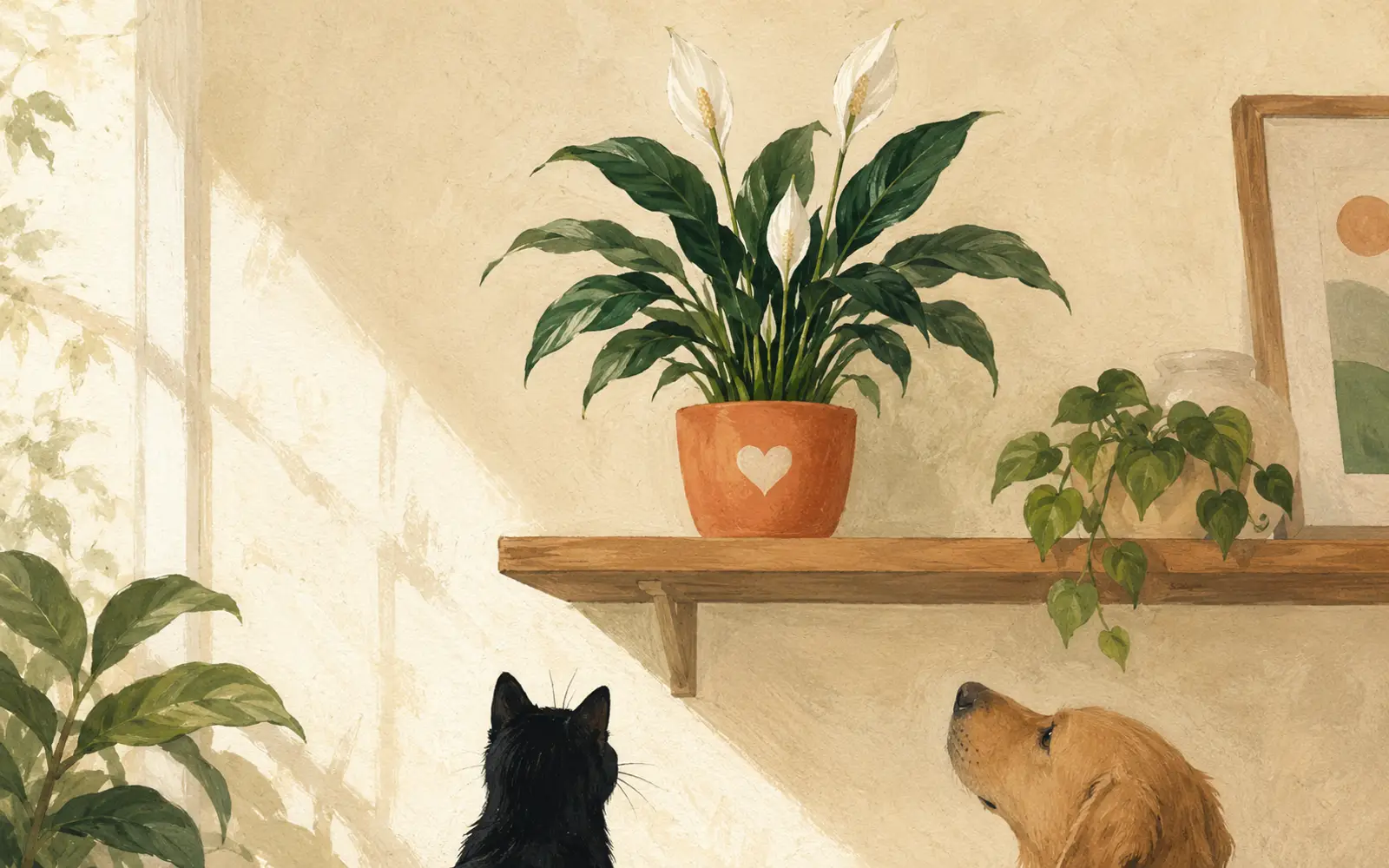 Peace lily placed safely out of reach of a curious cat and dog in a living room.