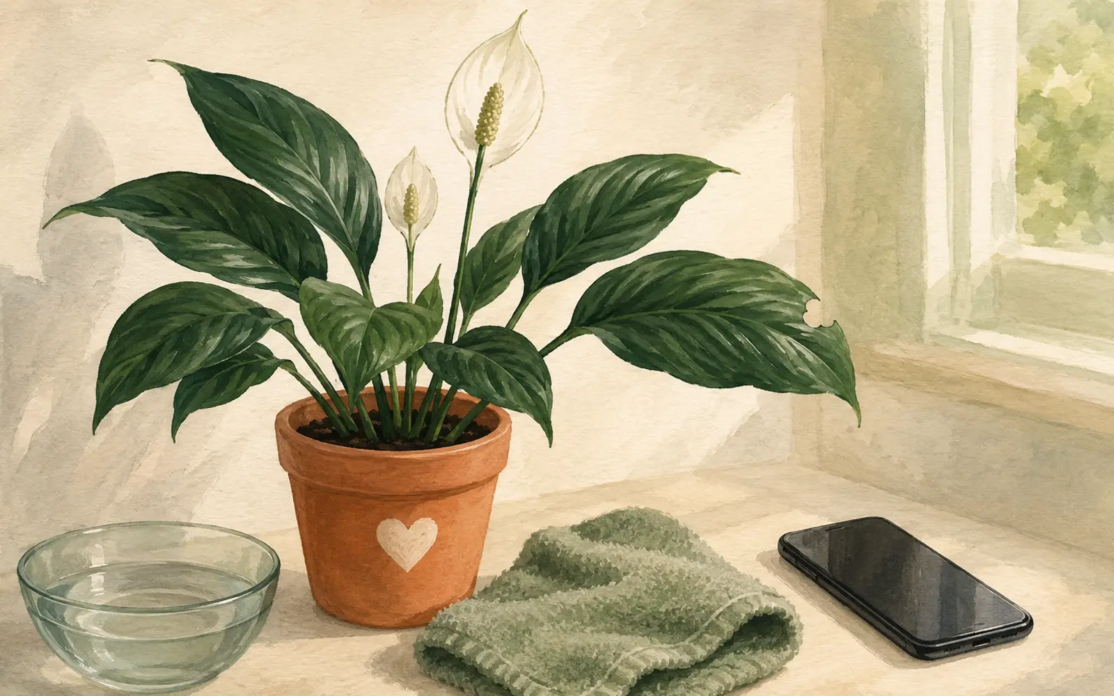 Pet first-aid steps after a cat or dog has chewed a peace lily leaf, showing water and a phone for the vet.