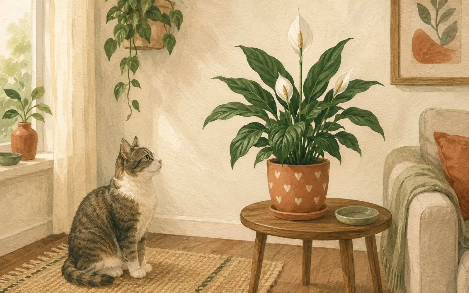 Cat sitting near a peace lily kept on a high shelf to prevent chewing.
