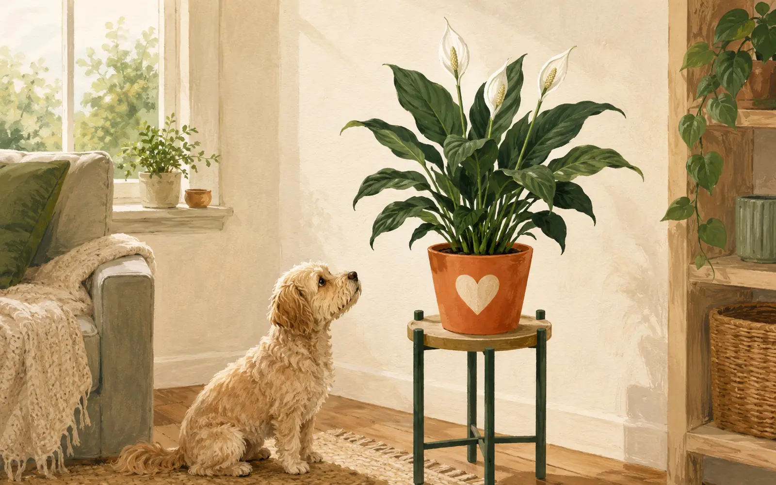 Dog sniffing near a peace lily showing why the plant should be placed out of chewing reach.