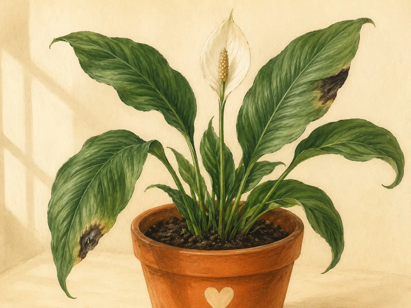 Peace lily leaf with black mushy patches caused by cold damage or root rot.