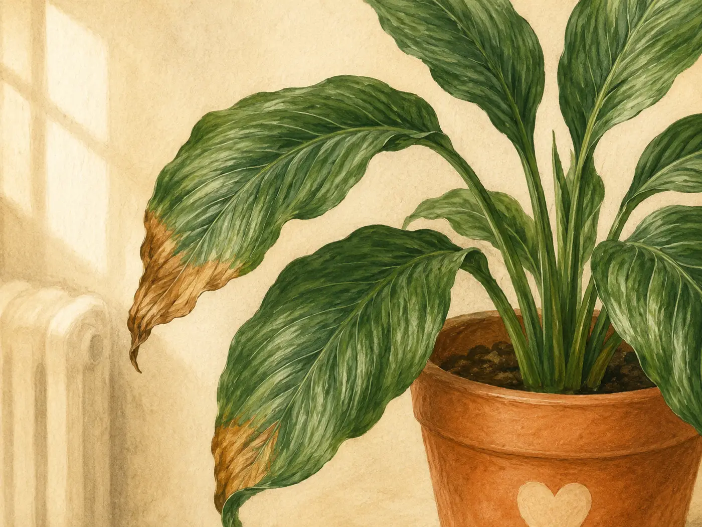 Peace lily leaf with brown crispy tips caused by dry indoor air and mineral-heavy tap water.