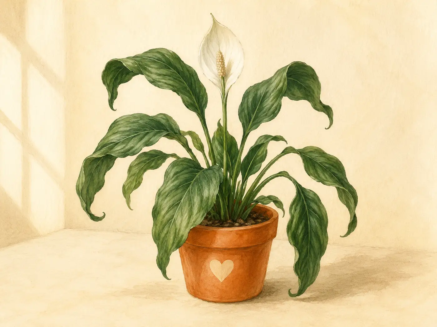 Peace lily leaves curling inward from heat stress, cold draft, or dry soil.