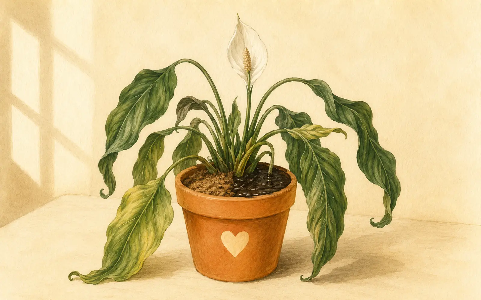 Drooping peace lily leaves showing the difference between dry-thirsty droop and wet root-rot droop.