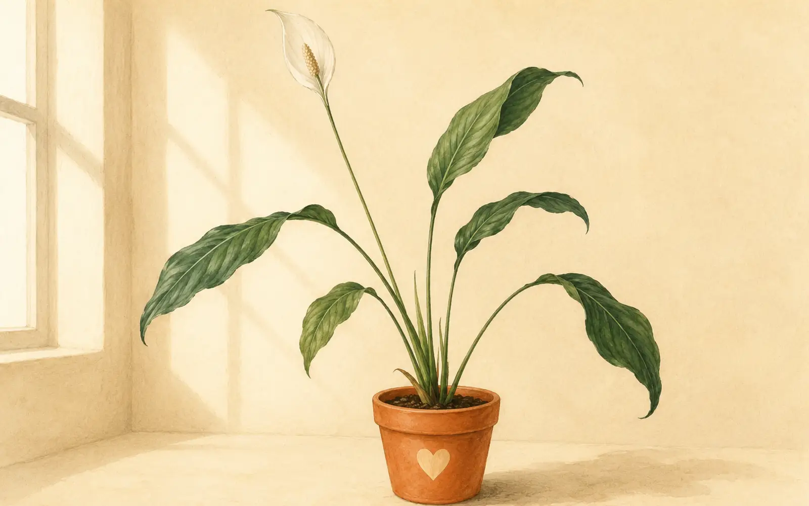 Peace lily with long stretched petioles and small pale leaves caused by low-light leggy growth.