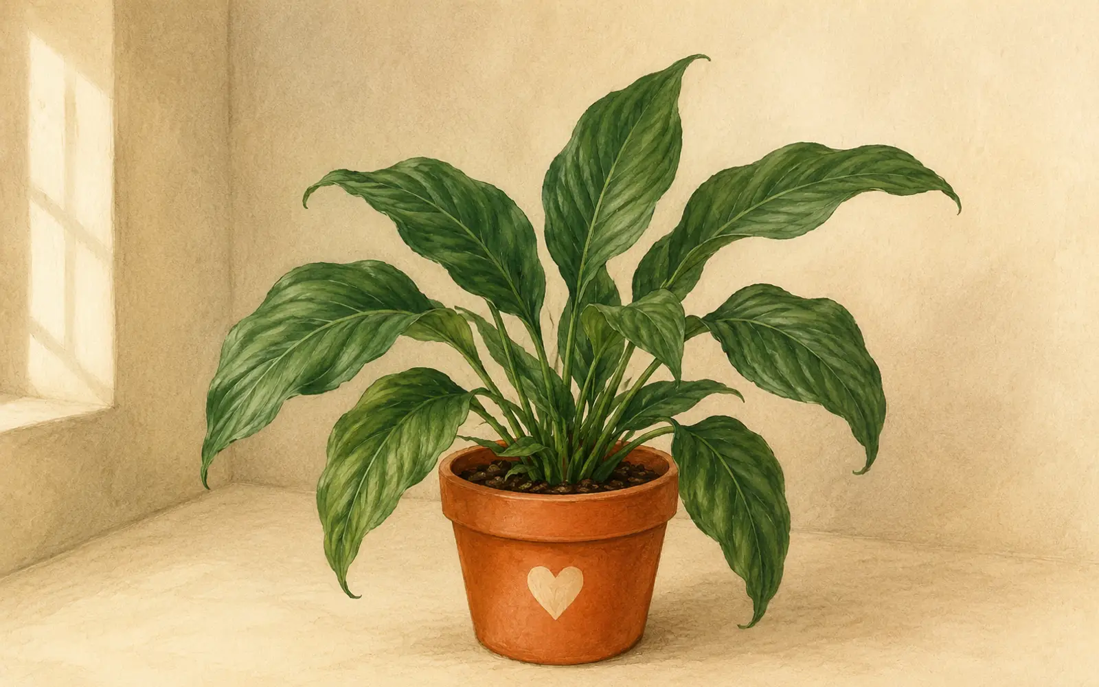 Peace lily with healthy green leaves but no flowers because the room is too dim for bright indirect light.