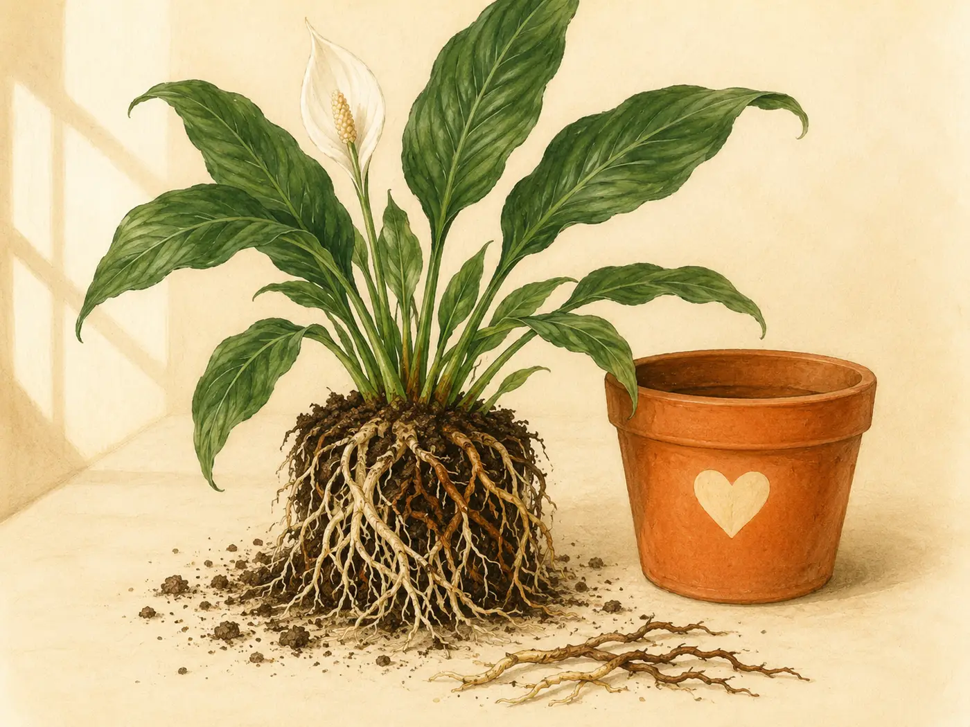 Peace lily unpotted to inspect roots showing brown mushy rotted roots from overwatering.
