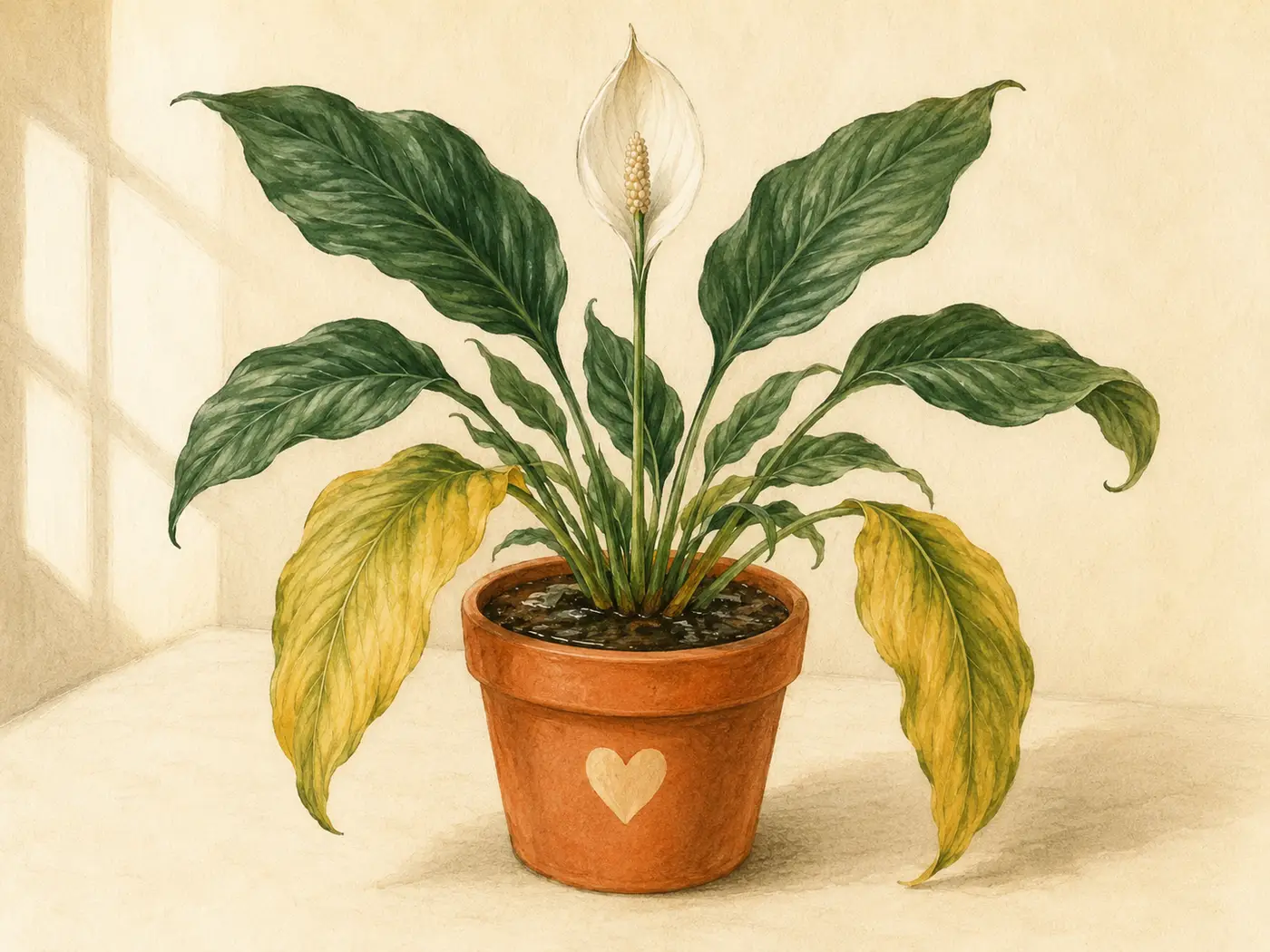 Peace lily with yellow lower leaves caused by overwatering, ready for soil and root inspection.