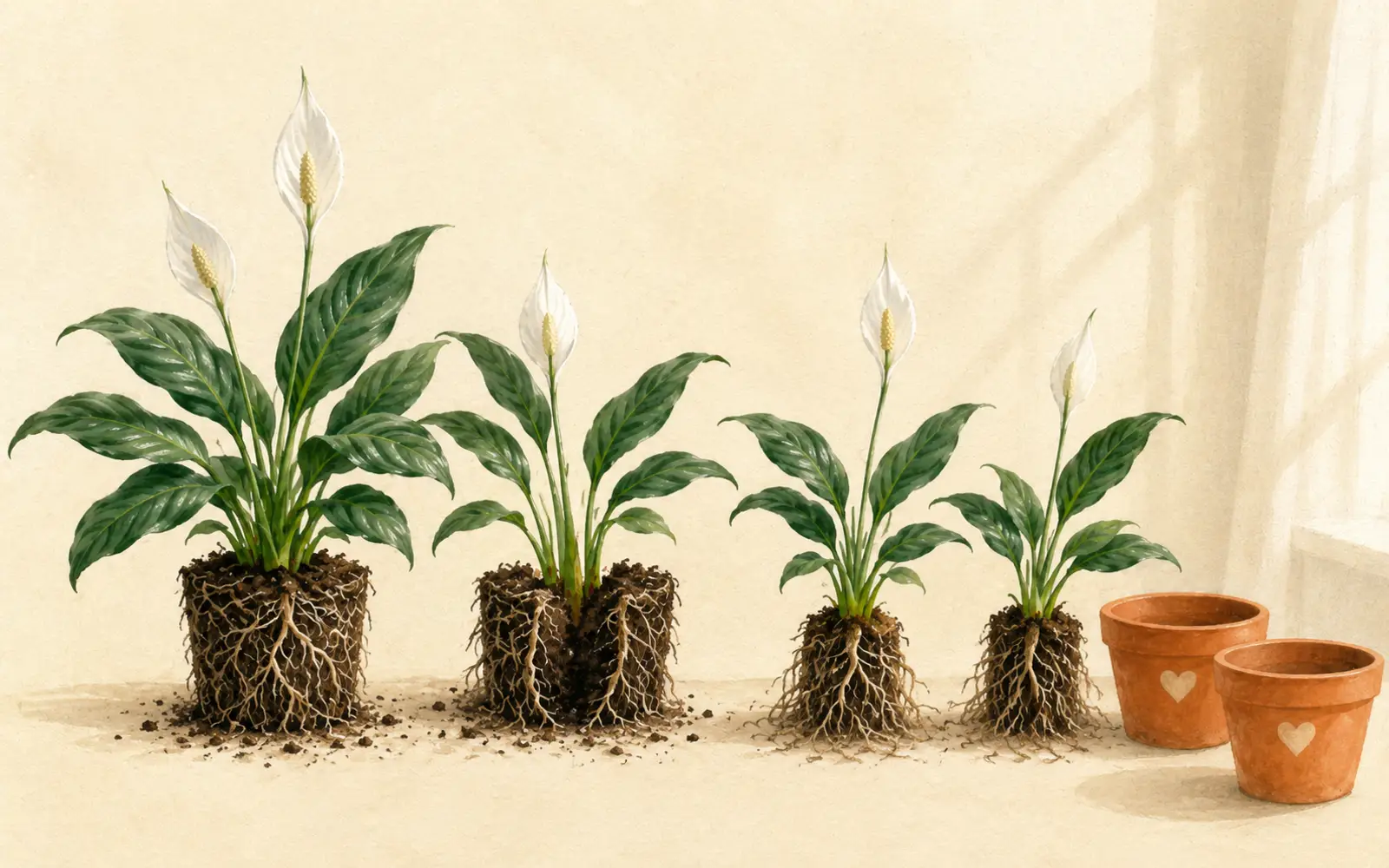 Peace lily root ball separated into divisions showing healthy crowns and roots ready for repotting.