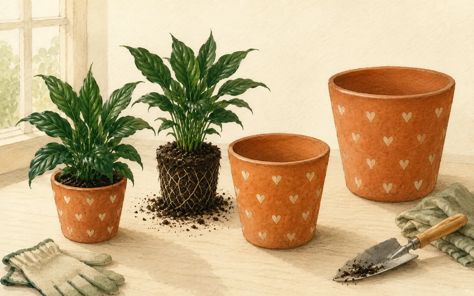 Three pot sizes showing the correct one-size-up pot for a peace lily.