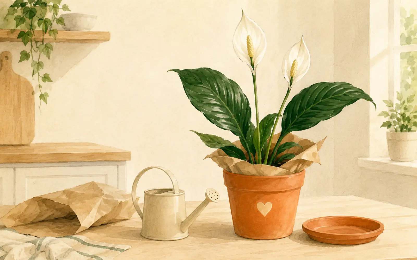 New peace lily at home ready for first-week inspection and care.